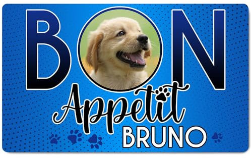 Ferocity Tapis pour gamelles personnalisé avec photo et nom | pour chiens et chats | Taille 45 x 75 cm | Sous-couche en caoutchouc de 4 mm | Motif pour animaux de compagnie | Couleur Bon Appetit [140]