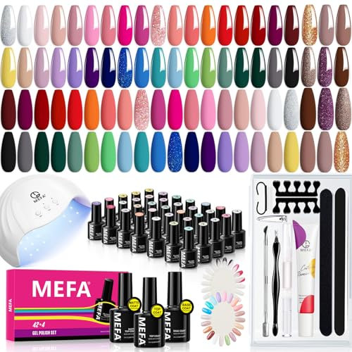 MEFA 60 Pcs Gel Nail Kit with 48W Nail Lamp, 42 Colors Nude Pink Red Gel Nail Polish Kit Essential Set with Matte/Glossy Base Top Coat, Cuticle Remover Gel Nail Starters Kit Home Salon