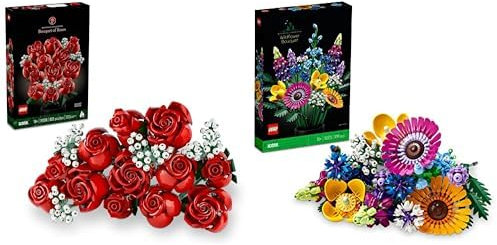 LEGO Icons Botanical Collection Le Bouquet de Roses, Fleurs Artificielles pour Décorer la Chambre & 10313 Icons Bouquet de Fleurs Sauvages, Plantes Artificielles avec Coquelicots et Lavande