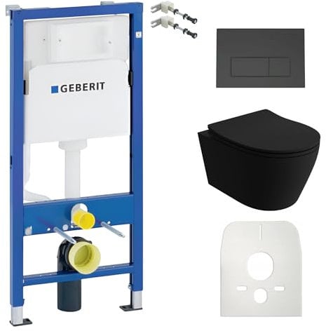 Lavita Duofix Basic Vorwandelement + Wand Tiefspül WC Praia Schwarz Spülrandlos + WC Sitz mit Absenkautomatik + Bedienplatte Delta 25 Schwarzer Knopf Komplettset Unterputz Spülkasten Toilette WC