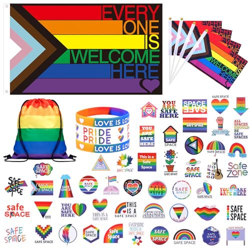 Homgaty 60 PCS Gay Pride Decorations, Pride Accessories 5ft x 3ft LGBTQ+ Pride Buntings, Rainbow Hand Flag, Pride stickers, Pride Bracelet, Rainbow Backpack, Lesbian for Pride Month Parade