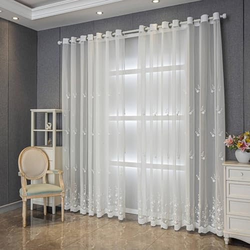Homxi Voile Vorhang Gardine 2er Set,2 x 86W x 138H cm,Voile Gardinen Vorhang Weiß Blumen Muster Ösen Vorhang