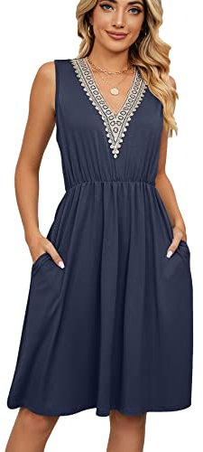 Generisch Frauen Casual Sommer Sonne Strandkleider V-Ausschnitt Midi mit Taschen Casual Böhmische Kurzarm Floral Print Maxi (Dunkelblau,L)