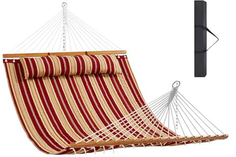 VEVOR Hängematte aus gestepptem Stoff, 1400 x 1900 mm Doppelhängematte mit Spreizstangen aus Hartholz, für 2 Personen mit abnehmbarem Kissen und Ketten für Camping, Outdoor, Terrasse, Garten, Strand