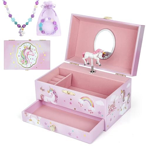 hombrima Musik Schmuck Box mit Schublade Halskette Armband, Musikalischer Schmuck Aufbewahrungskoffer mit Spinning Ballerina Geschenk Set für Kinder Mädchen Kinder Tochter