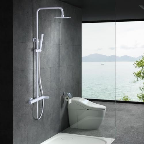 IMEX - Columna Ducha Monomando Blanca con Grifo | Kit de Ducha con Alcachofa y Rociador Antical | Griferia en Latón y Acero Inox S.304 con Barra Extensible | Serie Dinamarca