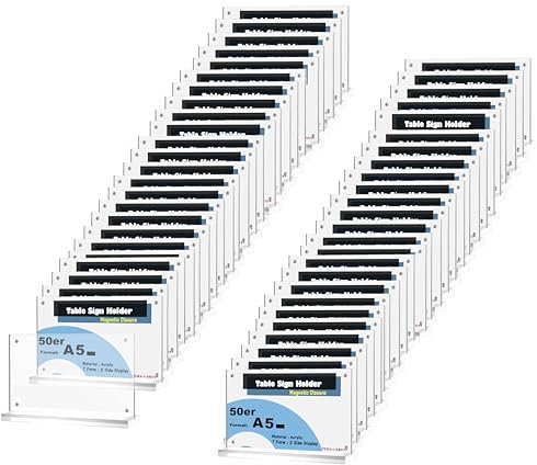 TUKA-i-AKUT 50x A5 Quer Tischaufsteller Acryl Transparent mit Magnetverschluß, Doppelseitig Display Prospekthalter Flyer Aufsteller Tisch Werbeaufsteller, Glasklar T-Ständer TKD8241-A5-W-50x