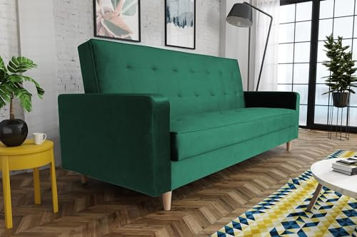 BEAUTY SOFA Bamako Couch, Sofa mit Armlehnen und Schlaffunktion - Breite 211 cm - Liegefläche 187 x 115 cm - Schlafcouch für Wohnzimmer, Schlafsofa mit Bettkasten - Samt Flasches grün (Kronos 19)