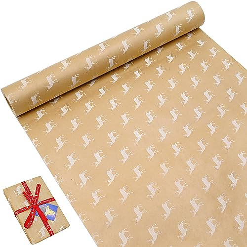 Rouleau de papier d'emballage kraft de Noël, 43 cm x 15 m, grand papier d'emballage cadeau recyclable imprimé avec élan pour emballage cadeau d'anniversaire de Noël, décoration de fête