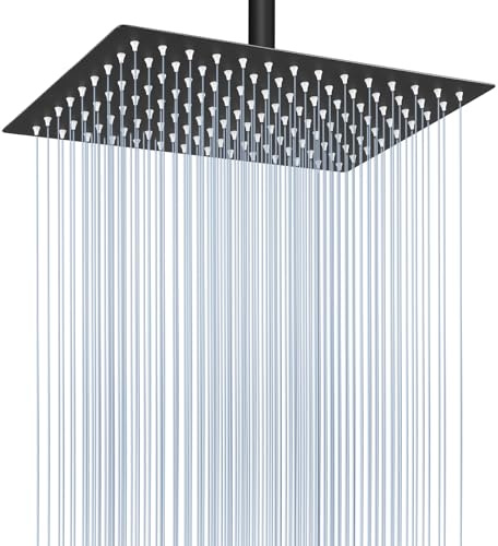 Voolan Rain Shower Head - High Flow Large Rainfall Shower Heads Made of Stainless Steel - Waterfall Bathroom Square Shower Head - Ceiling or Wall Mounted (12 x 8 Inch Rectangle, Matte Black)