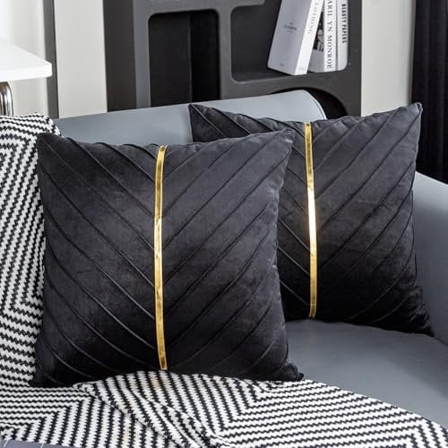 Jayusaror Kissenbezug 50x50 Samt Schwarz Dekokissen Gold Zierkissenbezug Deko Kissen Kissenhülle Weiche Kissenbezüge Moderne Zierkissen Bezug für Sofa Couch Schlafzimmer Wohnzimmer 2er Set