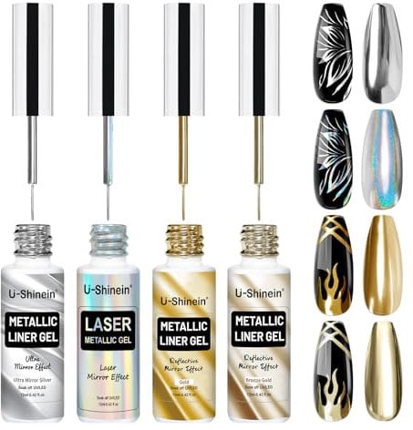 U-Shinein 4x12ml Gel de pintura de metal de uñas, conjunto de gel de delineador de ojos metálico con cepillo delgado incorporado, pintura de manicura de efecto cromo espejo, Conjunto D