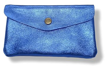 Porte-Monnaie Femme en Cuir Véritable Irisé, 15 cm x 8 cm, 3 Compartiments avec Fermeture Zippée, Protecteur RFID, Fabrication Italienne (Bleu)