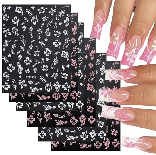 Kabwea 6 StüCk Hibiskus Blumen Nagelsticker, Nagelsticker, Nail Sticker, Nagelsticker, Selbstklebend Nagelsticker, Nagel Sticker, Nagelaufkleber (3Weiß+3Rosa)