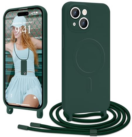 Ethanger Coque Magnétique pour iPhone 15 avec Cordon de Collier Réglable Housse de Protection Compatible avec MagSafe en Silicone TPU Etui Case Ultra Fine pour iPhone 15 Vert