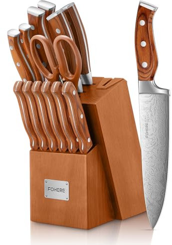 FOHERE Knife Set 14 Pieces Kitchen Knife Set with Wooden Block High Carbon Stainless Steel Self-Sharpening Knife Block Set with Built-in Sharpener, Brown