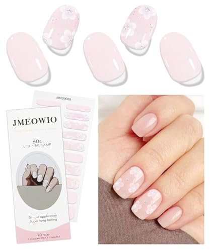 JMEOWIO Gel Nail Stickers Glitter White Flower Semi Cured Gel Nail Strips Wraps UV/LED Nails Art Design Decoration Accessories