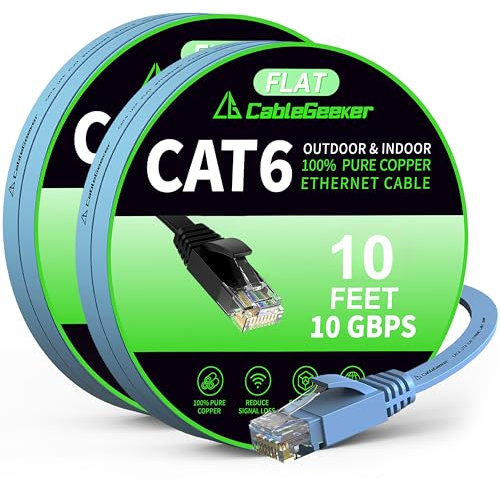 Cat 6 Ethernet Cable 10ft 2-Pack, Indoor&Outdoor, High Speed 10Gbps Internet Network, Pure Copper Flat Ethernet Patch Cable Long, Computer LAN Cable with Clips&Straps for Router,Modem,PS4/5, Blue