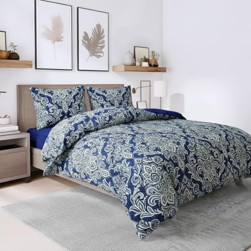 ZIYA HOMES King Size Duvet Cover Set Polycotton 3 Piece - Printed Reversible Bedding, Soft Easy Care Quilt Cover with Pillowcases (Damask Blue, 230x220 cm)