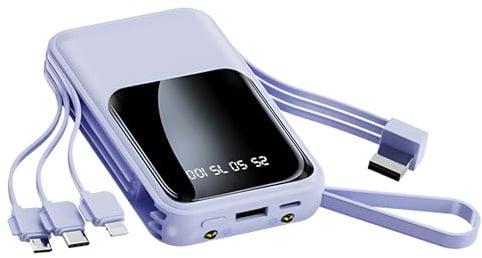 Powerbank 10000mAh Schnelles Aufladen Tragbares Ladegerät mit Integrierten Kabeln Kleiner USB-C-Akkupack für iPhone 16 15 14 13 Android Google Pixel usw (Purple)