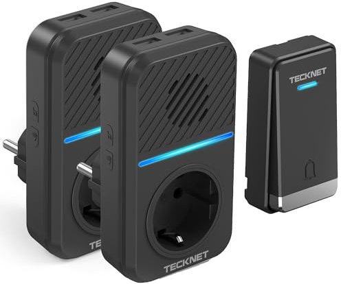 TECKNET Kabellose Türklingel, 400 m, kabellose Türklingel, selbstversorgt, IP65, wasserdicht, elektronisch, Türklingel-Set mit externen USB-Steckdosen und LED-Licht, 60 Melodien, 5 Lautstärkestufen