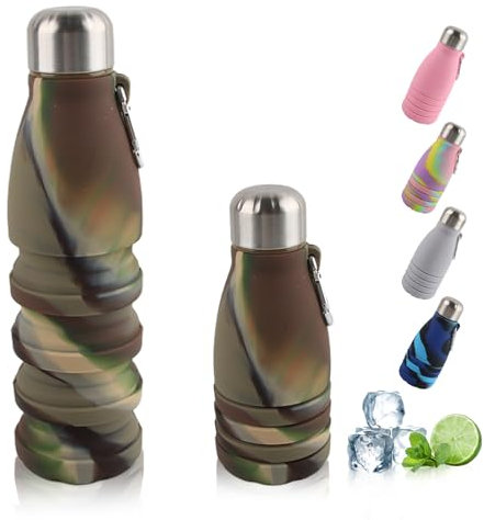 Dwafill Gobelet Pliable Silicone, 550 Ml Gourde Souple, éTanche et Portable, Sans Bpa, lasque Running, Adapté Camping, Sports de Plein Air, Voyages, Bouteille Pliable Randonnée (Camouflage Vert)