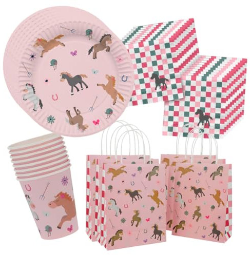 minimutz Geburtstag Deko Pferd Set, Geschirrset Kindergeburtstag Mädchen, Partygeschirr Becher Teller Servietten Mitgebsel Tüten