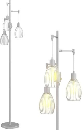 HOMCOM 3-Light Floor Lamp, 170cm Industrial Dimmable Standing Lamp with Steel Wire Cage Lampshades for Living Room, Bedroom, Dining Room, Study, Silver Tone