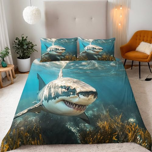 Generisch Haie, Tiere Bettwäsche 135X200Cm Kinder Junge Mädchen 3D Effekt Bettbezug Jugendliche Bettwäsche-Set Mikrofaser Bettbezug Mit Reißverschluss Und 2 Kissenbezug 80X80Cm