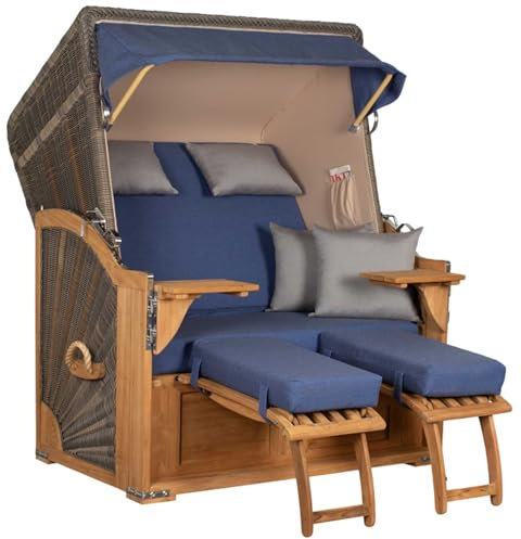 MR. DEKO® Strandkorb Seeblick 2-Sitzer Teakholz | PE Geflecht Grey | Volllieger verstellbar mit Fußablage | inkl. 4 Kissen + Wechselpolster | Strandkörbe Teak fertig montiert Strandstuhl (Dessin 595)