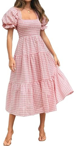 Robe mi-Longue décontractée d'été pour Femme, à Carreaux, col carré, Manches Bouffantes, Volants, smockée, Robe trapèze, Robes bohèmes élégantes