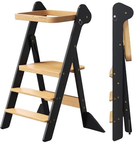 COSYLAND Foldable Toddler Step Stool for Kitchen - IF Design Awarded Space Saving Toddler Standing Tower with Protective Net - Height Adjustable Kids Kitchen Stool Helper (Black & Natural)