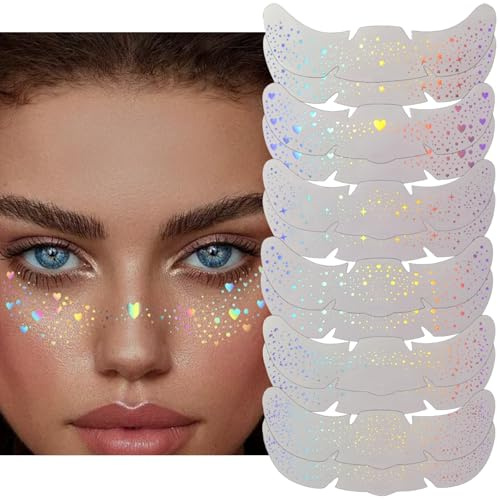 SHOFUL 12 Stück Glitzer Sommersprossen, Waterproof Glitter Patches for Women, Cute Star Glitter Tattoo Makeup Accessories for Festival & Party