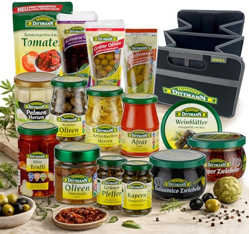 Feinkost Dittmann Gourmet-Set im Stoffkorb – 15 Delikatessen & Antipasti | Oliven, Tapenade, Ajvar, Kapern, gefüllte Spezialitäten – Faltbarer Einkaufskorb inklusive – Geschenkset für Feinschmecker