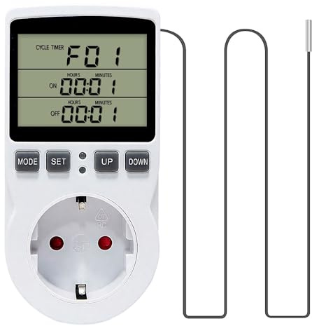 Rakuker Temperaturregler Steckdose 230V mit Fühler, Steckdose Zeitschaltuhr, Digital Steckdosenthermostat mit Timer, Thermostat Steckdose mit Fühler für Gewächshaus Terrarium Aquarium, Weiß