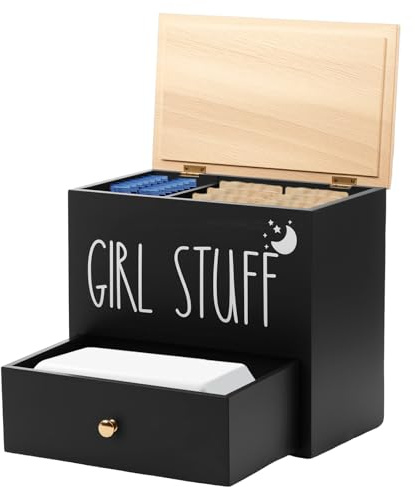 Contenitore per tamponi da bagno, 2 scomparti, per il bagno, antipolvere, per il bagno con coperchio, scatola per salvaslip in legno, articoli per l'igiene, ragazze, donne, donne (nero)