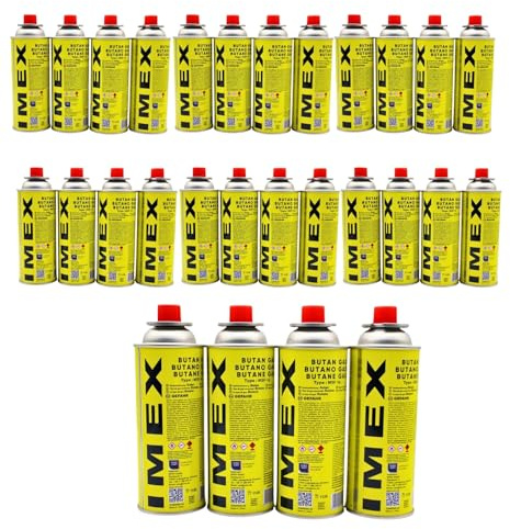 IMEX Butan Gaskartuschen 227g mit Ventil Typ MSF-1a, Universal Gaskartusche Butangas Kartuschen für Campingkocher, Gasheizung, Gasbrenner, Unkrautbrenner, Lötbrenner (28x Kartuschen)
