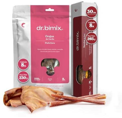 dr. bimix Nervios de Toro & Orejas de Cerdo Chuches para Perro 265g + 230g | Larga duración. Ideal para perros con alta necesidad de masticación. Para perros que disfrutan snacks resistentes