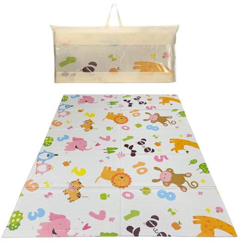 Baby Play Mat for Floor – Foldable Waterproof Foam Playmat for Babies & Toddlers – Large 200x180cm Reversible Non Slip Nursery & Playroom Mat – Animals and Numbers