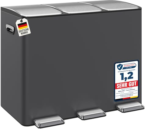 WELLGRO Treteimer grau, Mülleimer, Edelstahl Tretmülleimer mit 3 x 15 Liter, klappbaren Fußpedalen, Absenkautomatik und praktischen Tragegriffen