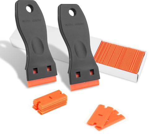 Lanshii Plastic Scraper Kit Include 2PCS Scraper Tool and 100PCS Blades for Removing Labels Stickers Decals on 3D printer beds,Glass,and Windows Animal Cage Cleaner
