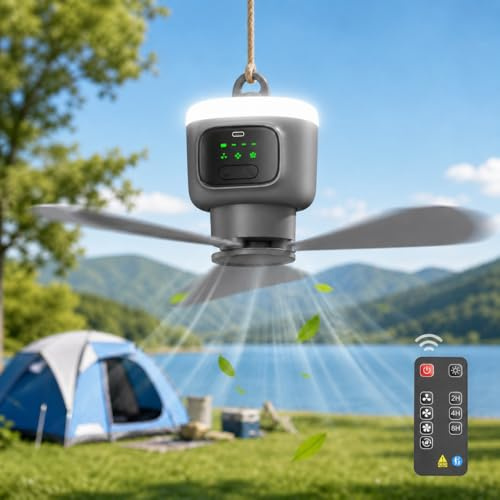 Deckenventilator mit Beleuchtung 45cm, 12000mAh Akku, Tragbar Camping Ventilator mit Licht & Fernbedienung, Timer, 3 Stufen, USB Aufladbar, Outdoor Lüfter für Schlafzimmer Pavillon Wohnmobil Vordach