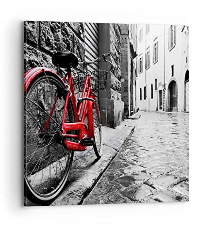 Bilder auf Leinwand 70x70cm Leinwandbild Straße Fahrrad Kopfsteinpflaster Gebäude Groß Wanddeko Bild Schlafzimmer Deko Wandbilder Dekoration Wohnzimmer Decor Canvas Wand Kunstdruck Art AC70x70-3186