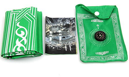 LYCOS3 Muslimischer Gebetsteppich mit Kompass, Taschengröße, tragbare schwarze Tragetasche und befestigter Kompass, Gebetsteppich, tragbar, Nylon, wasserdicht, einfache Gebetsmatte (grün)