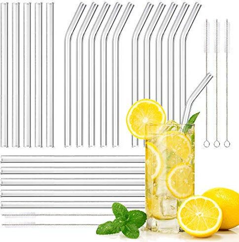 Glass Straws Reusable, 25 Pcs Transparent Drinking Straw, 10 Straight Glass Straws and 10 Curved Glass Straws with 5 Cleaning Brushes for Smoothies Milkshake and Cocktail Straws