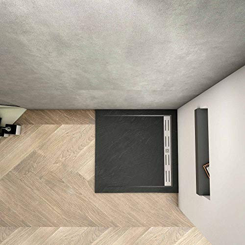 Piatto Doccia Nera Ruvida Quadrato 70x70x3cm in Pietra Vulcanica e Resina Mista Ultraslim con Scarico Sifone Piletta