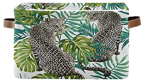 Storage Basket Cube with Handles Leopard Animal Jungle Toys Storage Cube Box, Palm Leaf Large Collapsible Rectangular Storage Bin for Shelves Closet Kids Bedroom Nursery Bathroom kitchen