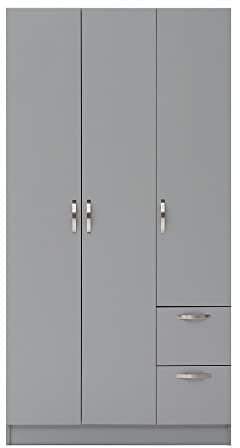 Timber Art Design UK 3 Door Wardrobe with Drawers, Cupboard with Hanging Shelf and Metal Handles - Modern Furniture Storage Organizer Unit For Bedroom - Grey - 45D x 90W x 200H cm