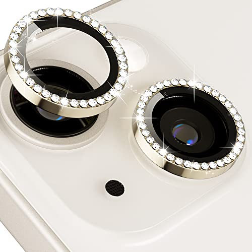 Design for iPhone 14 / iPhone 14 Plus/iPhone 15 / iPhone 15 Plus Camera Lens Protector Bling, ICARERFAMILY Ultra HD Clear Tempered Glass Diamond Camera Lens Protection Cover, Case Friendly - Gold