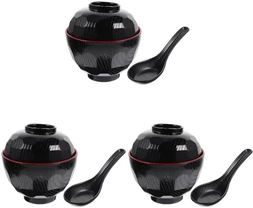 UPKOCH Japanese Noodle Pasta Bowls Set of 3 -Stylish Unbreakable Ramen Bowl with Lids and Spoons,Ideal for Miso,Soup,Instant Noodle,Rice